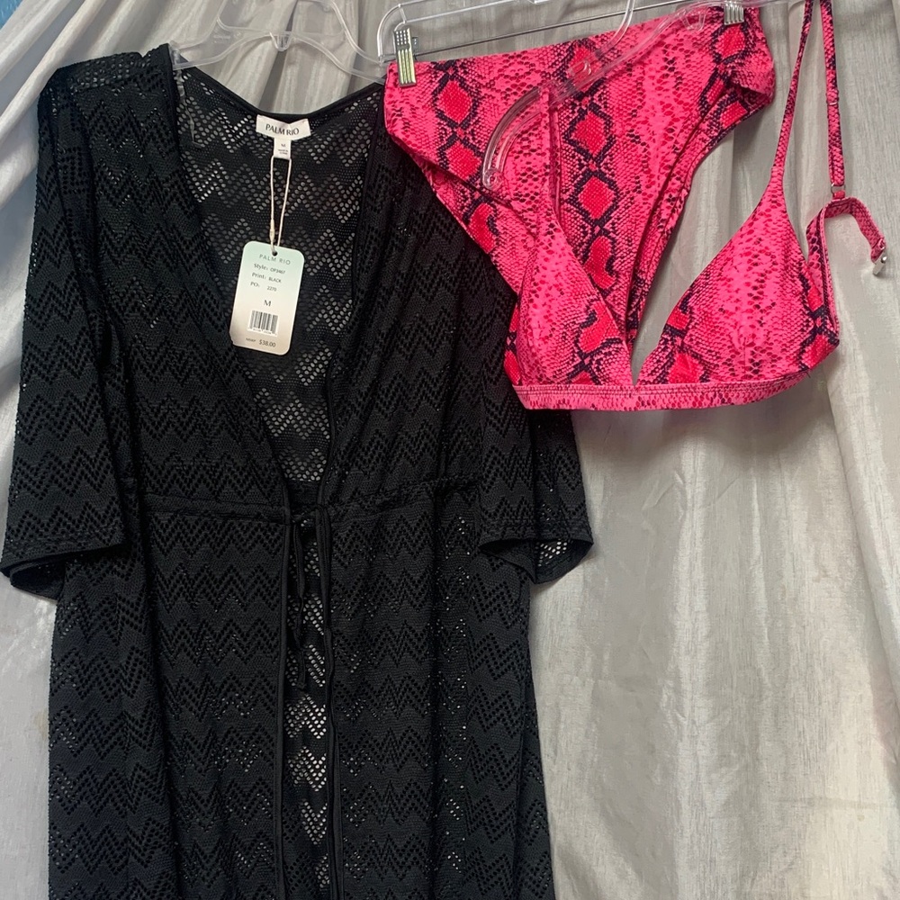 Pink Snake-Print Triangle Bikini Top & Black Cover-Up Set
